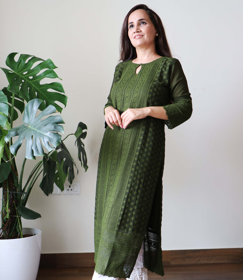 GREEN CHIKANKARI KURTA