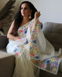 MULTI FLORAL GLASS TISSUE SAREE