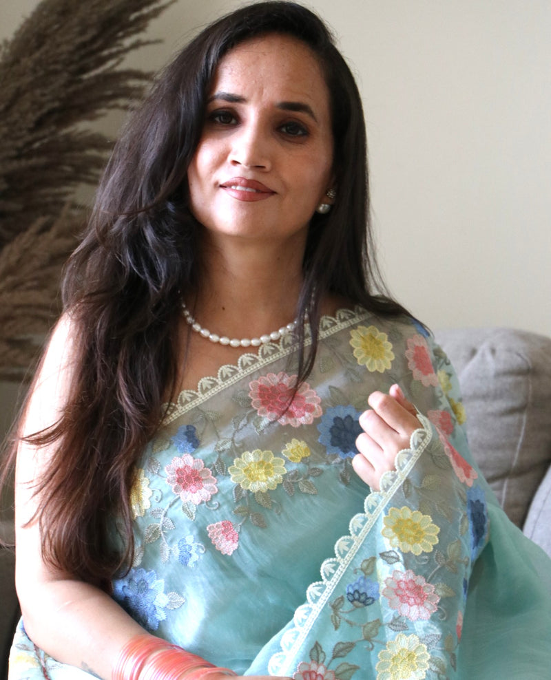 GREEN MULTI GLASS TISSUE SAREE