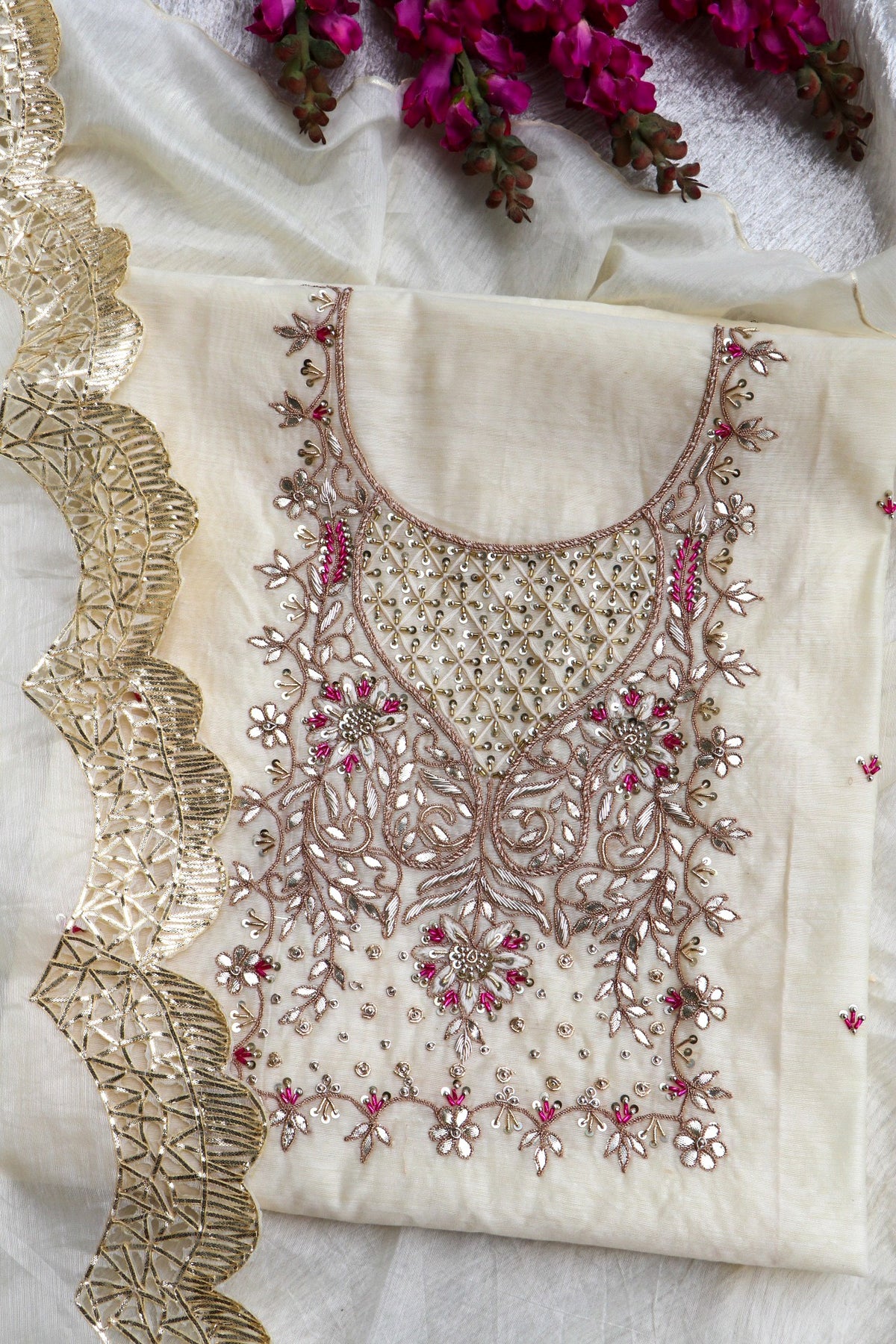 CREAM RAW SILK SUIT SET