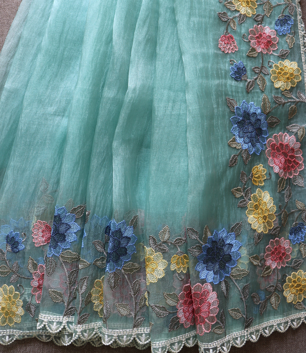 GREEN MULTI GLASS TISSUE SAREE