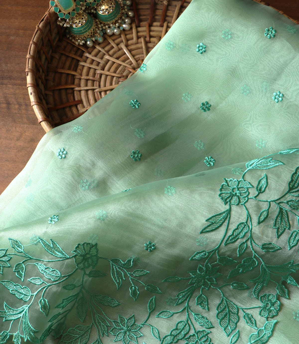 SEAGREEN CUTWORK ORGANZA SAREE