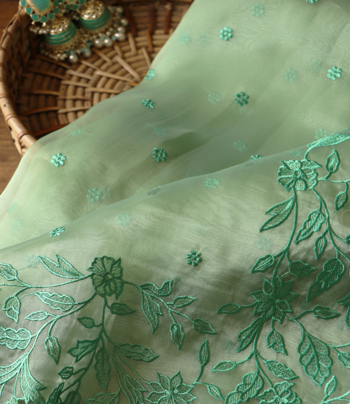 SEAGREEN CUTWORK ORGANZA SAREE