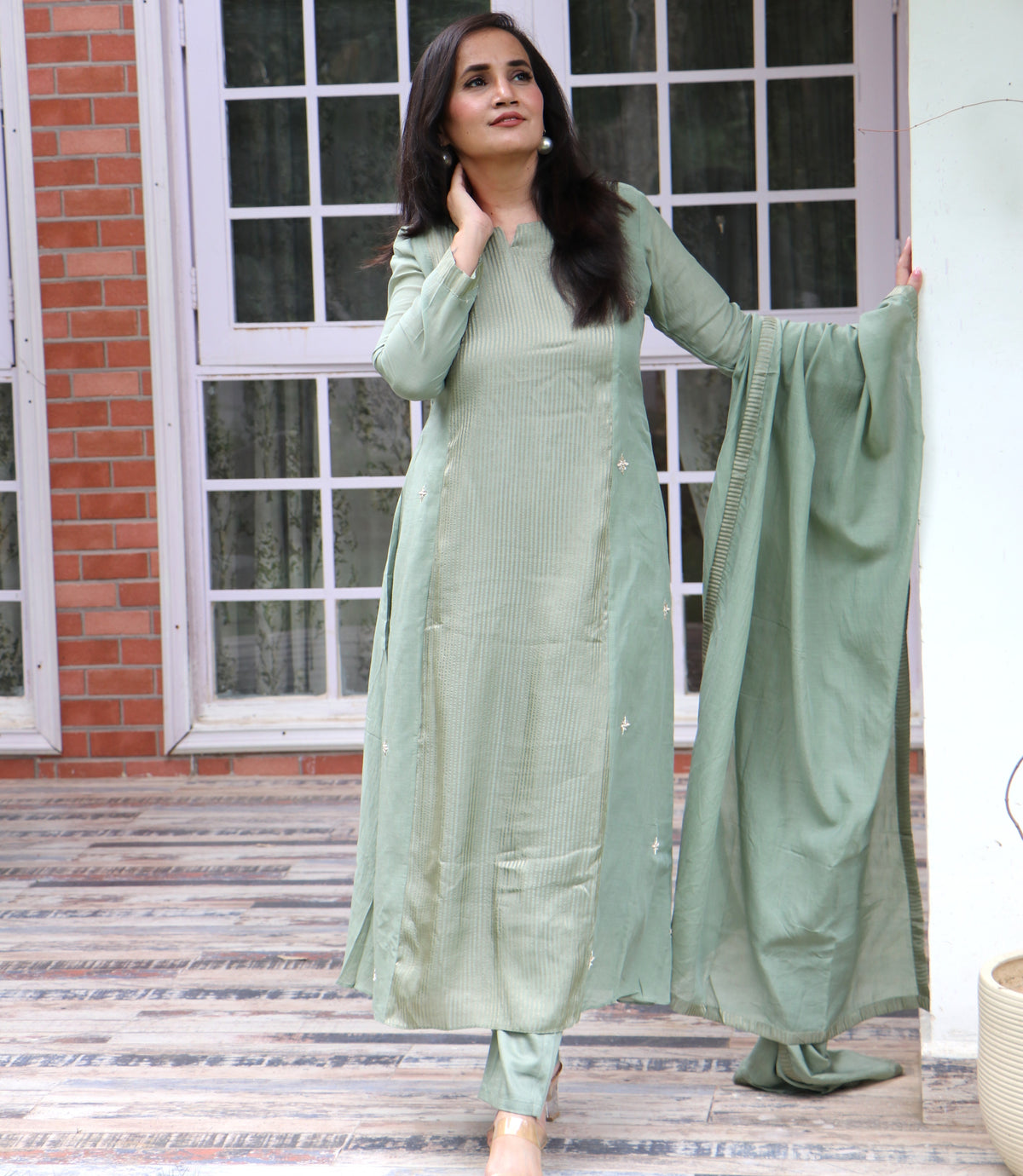 SAGE GREEN MUL CHANDERI SET