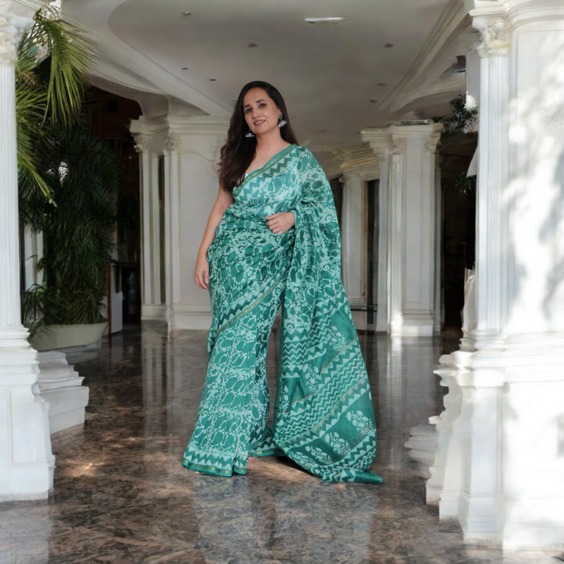 TEAL GREEN COTTON  MAHESHWARI SILK SAREE