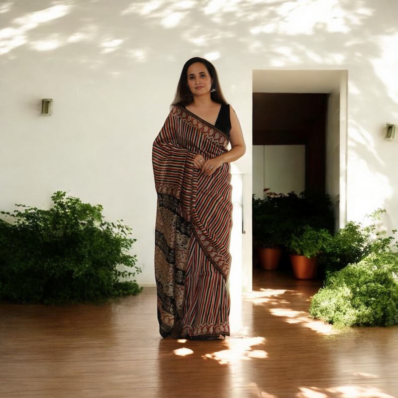 RED AND BLACK COTTON MAHESHWARI SILK SAREE