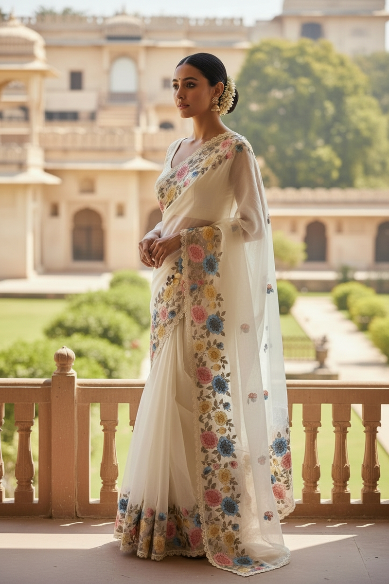 MULTI FLORAL GLASS TISSUE SAREE