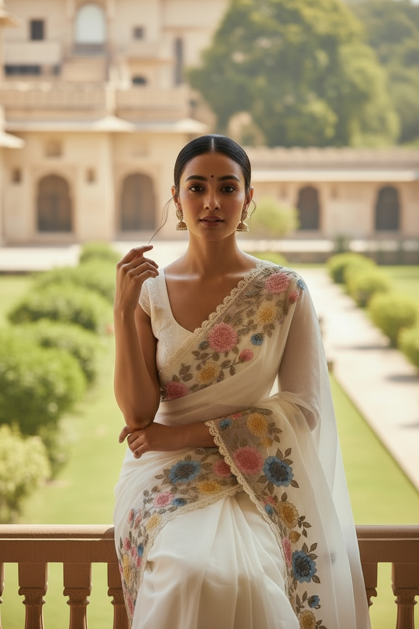 MULTI FLORAL GLASS TISSUE SAREE
