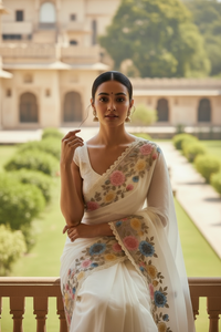 MULTI FLORAL GLASS TISSUE SAREE