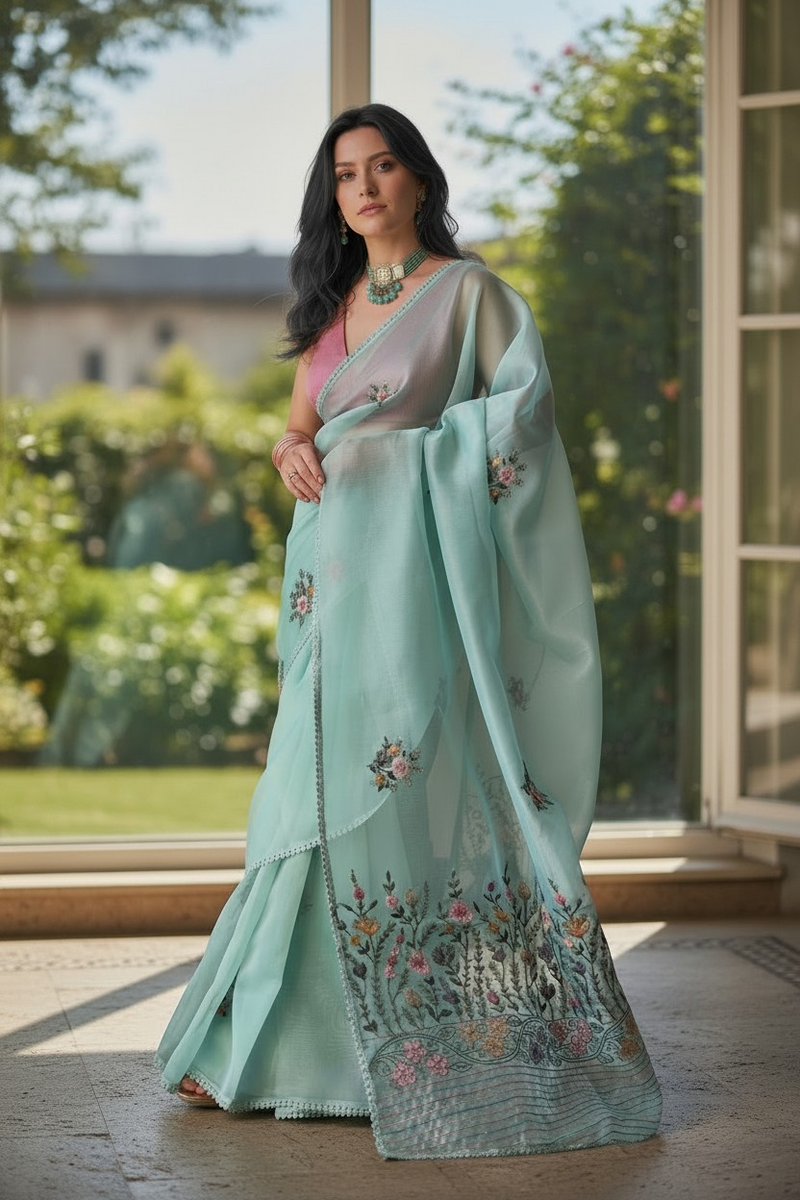 THREAD WORK SEA GREEN SAREE