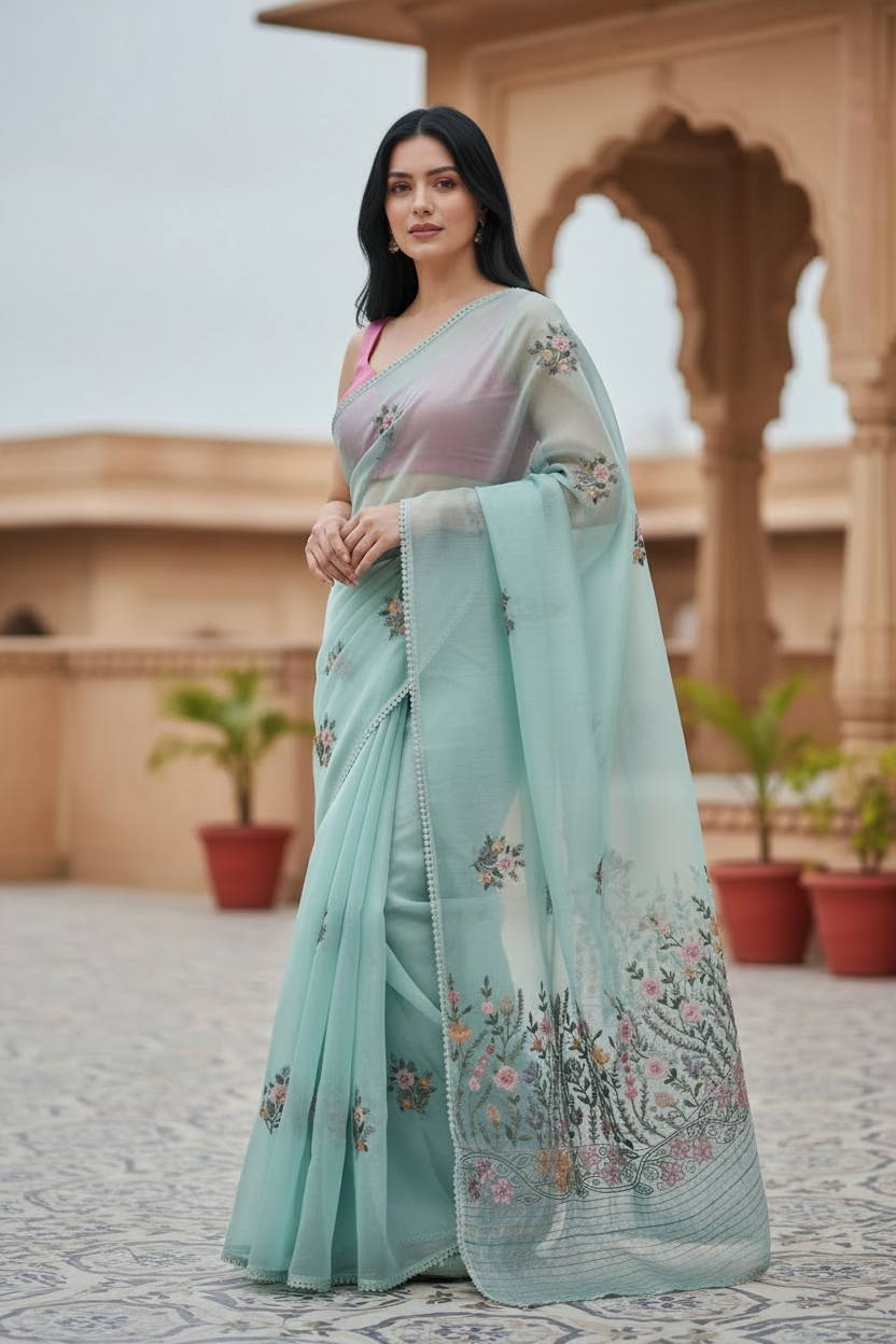 THREAD WORK SEA GREEN SAREE