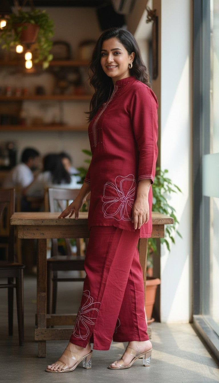 MAROON CHANDERI CO-ORD SET