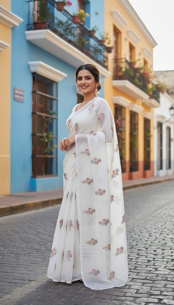 WHITE FLORAL KOTA DORIYA SAREE