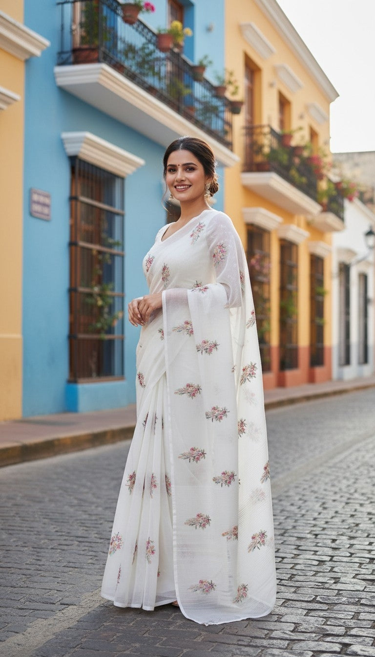 WHITE FLORAL KOTA DORIYA SAREE