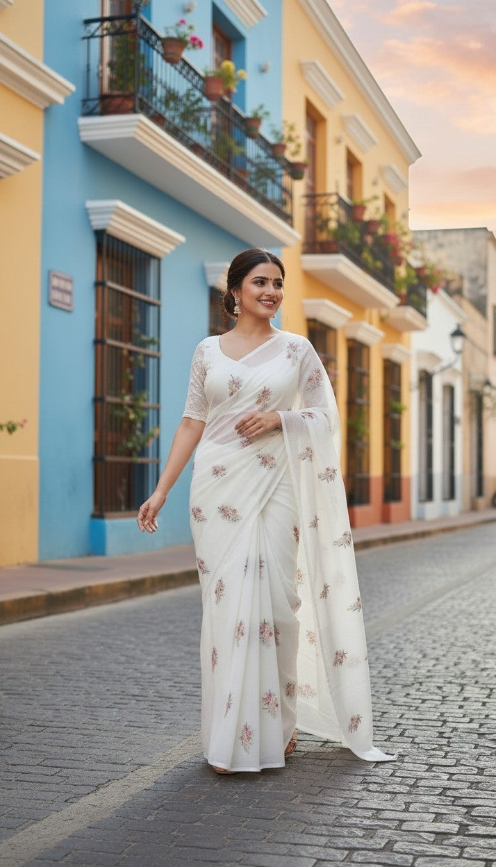 WHITE FLORAL KOTA DORIYA SAREE