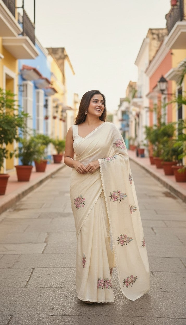 BEIGE FLORAL SAREE