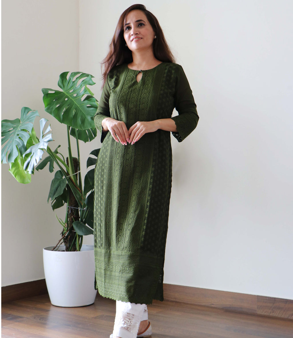 GREEN CHIKANKARI KURTA