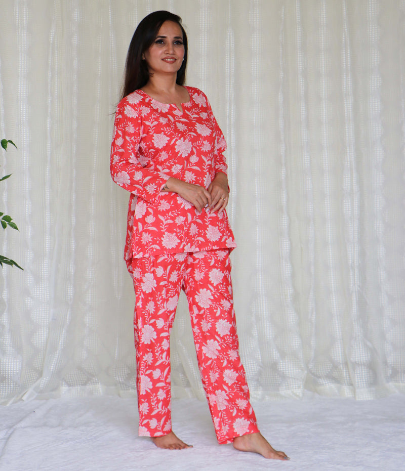 COTTON FLORAL PINK PYJAMA TOP NIGHTSUIT SET