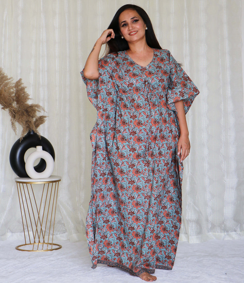 COTTON PRINTED KAFTAN GRAY FLORAL