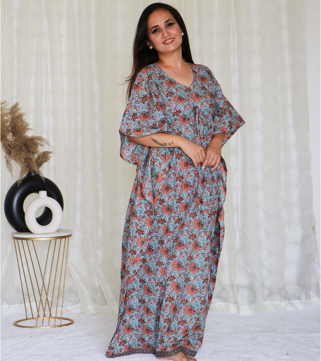 COTTON PRINTED KAFTAN GRAY FLORAL