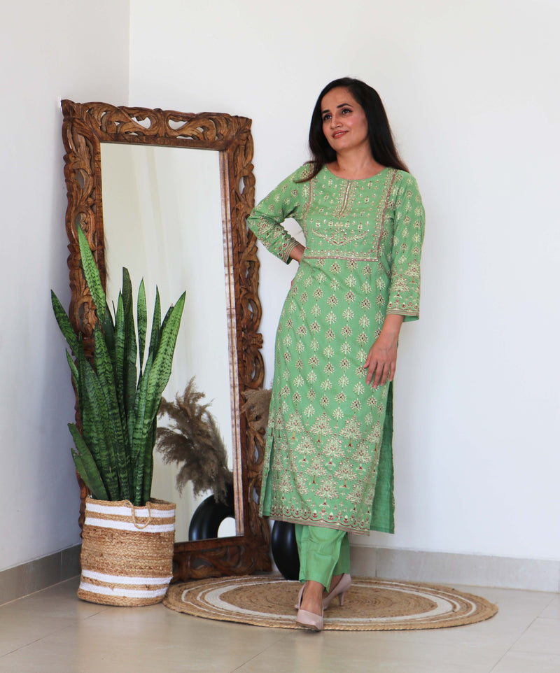 SAP GREEN PRINTED KURTA PLAZO SET