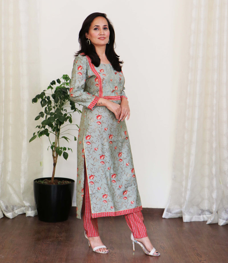 GRAY FLORAL KURTA PANT SET