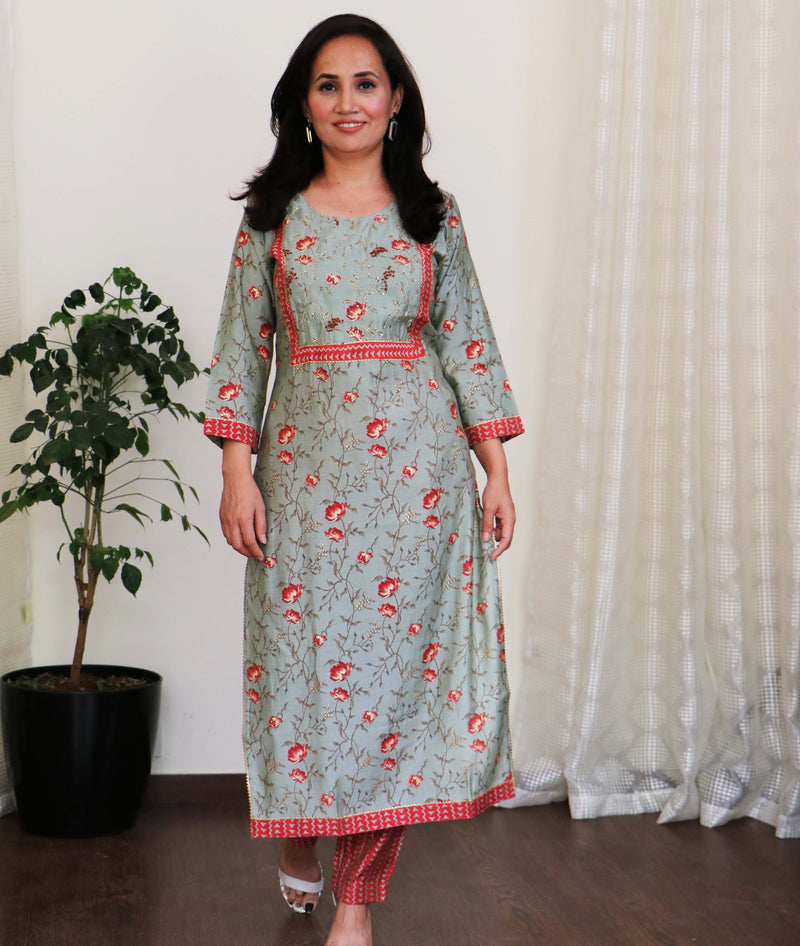 GRAY FLORAL KURTA PANT SET