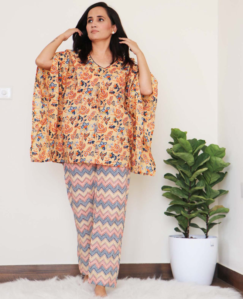 FLORAL PRINTED PYJAMA KAFTAN NIGHTSUIT SET