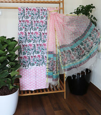 PINK FLORAL COTTON SET WITH CHANDERI DUPATTA