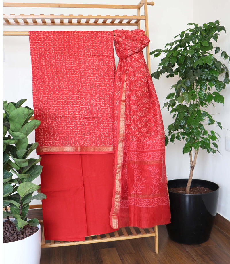 RED MAHESHWARI COTTON BLOCK PRINT DUPATTA SET