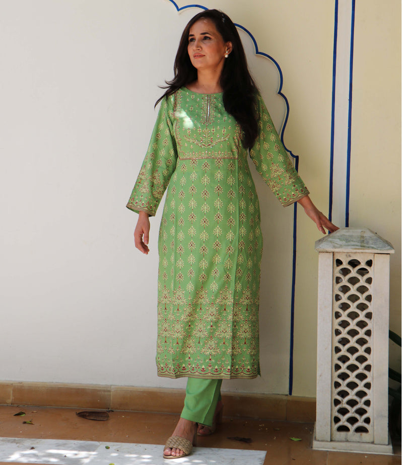 SAP GREEN PRINTED KURTA PLAZO SET